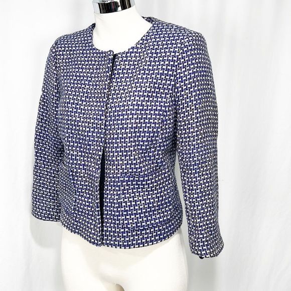 J. Crew Blue and White Silk Blend Tweed Blazer Jacket w Gold Threads Size 4 - Picture 5 of 12